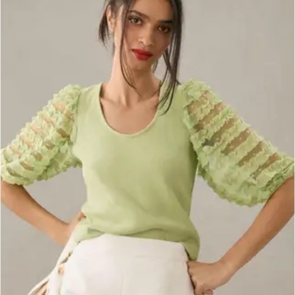 dolan Light Green Puff Sleeve Knit Top